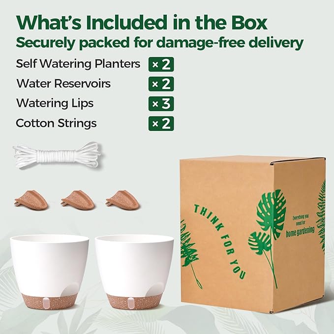 T4U 2 Pack 8 Inch Self Watering Pots - Water Level Indicator & Deep Reservoir, Mess-Free Planter for Busy People, Beginners & Gardeners, Pothos/Herbs/Snake Plants, Indoor Outdoor Use (White)