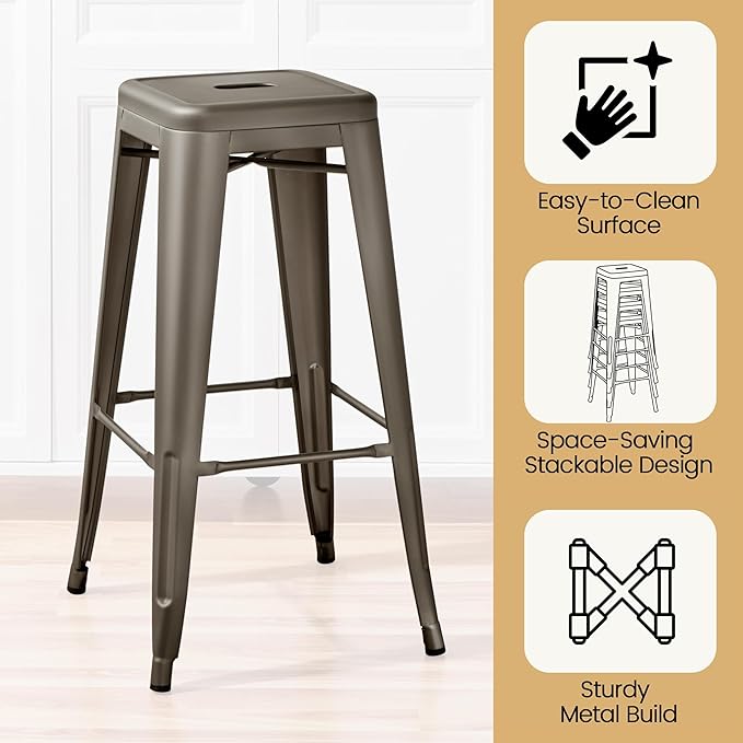 Yaheetech 30 Inch Metal Bar Stools Set of 4, Bar Height Backless Bartools, Industrial Stackable Bar Chairs with Footrest for Kitchen/Dining Room/Bistro/Patio, Gun Metal
