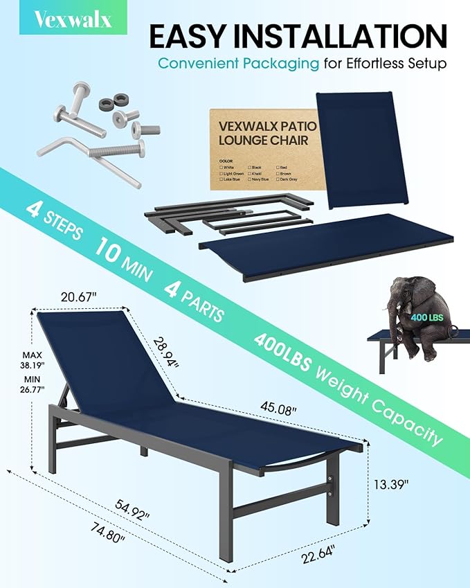 Outdoor Lounge Chair for Pool, Aluminum Chaise Lounge Chairs with 5-Position Recliner, Patio Lounge Chair for Backyard, Poolside, Deck, Lawn (Navyblue)
