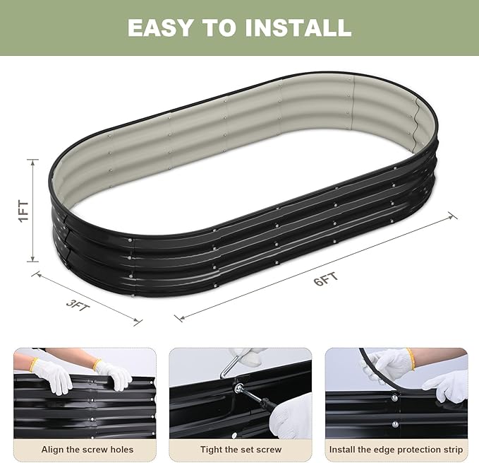 Raised Garden Bed, 6x3x1ft Galvanized Outdoor Planter Beds with Safety Edging and Gloves, Oval Metal Planter Box for Gardening Vegetables Flowers Herb-Black