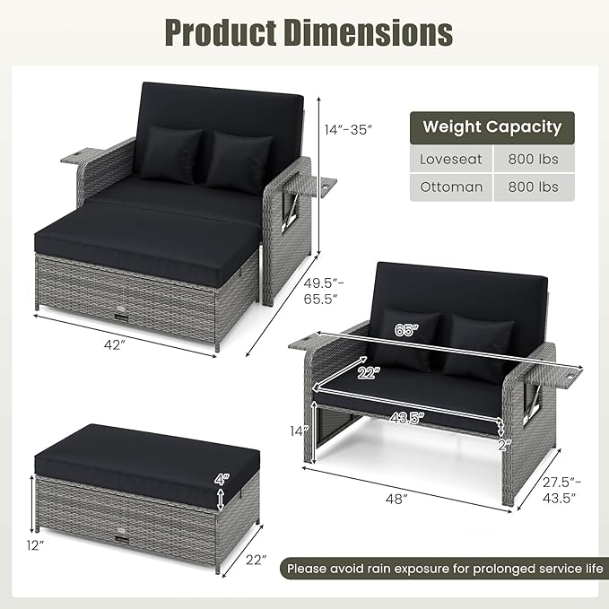 Tangkula Patio Rattan Daybed with 4-Level Adjustable Backrest, Outdoor PE Wicker Loveseat with Storage Ottoman & Folding Side Table, Double Sunbed for Balcony, Backyard & Poolside, Black & Grey
