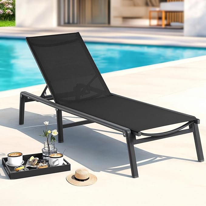 ONBRILL Aluminum Chaise Lounge Chair Outdoor, Foldable & Assembly Free Outdoor Lounge Chair with 5 Position Adjustable Backrest, Patio Pool Lounge Chairs for Outside Poolside Beach Lawn, 1PC, Black