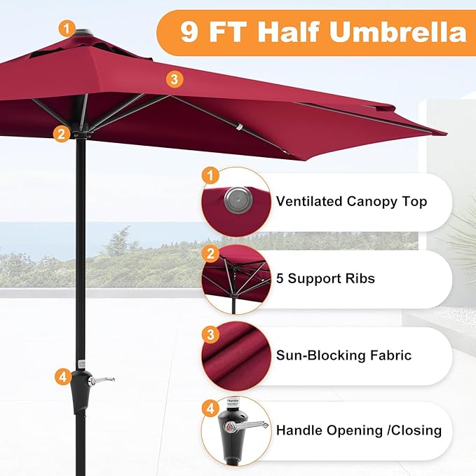 OLIXIS Half 9Ft Umbrella Outdoor Patio, Scalloped Patio Umbrella with Easy Crank, Sun Half Patio Umbrella for Balcony, Market, Garden, Red