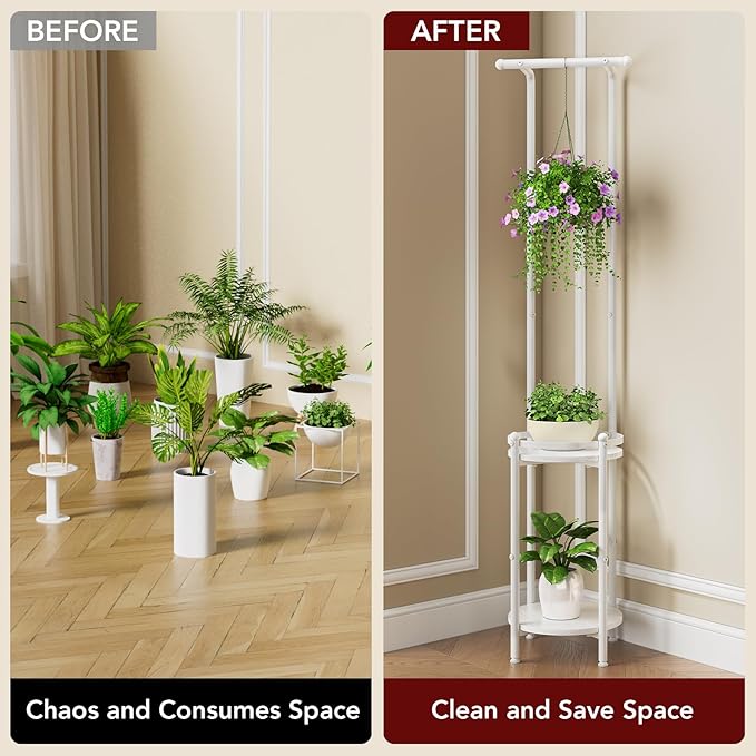 Plant Stand Indoor Outdoor - Heavy Duty Metal 2-tier Hanging Plant Holder Space-Saving Iron Plant Stands Tall Plant Shelf for Living Room Garden Balcony (White)