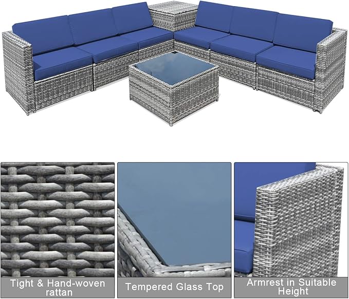 Tangkula 8 Pieces Wicker Patio Furniture Set with Storage Deck Box, PE Rattan Outdoor Sectional Sofa Conversation Set with Coffee Table & Cushions, Outside Furniture for Garden Yard Poolside (Navy)