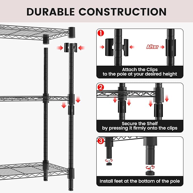 Xcity Storage Shelves, 5 Tier Heavy Duty Metal Shelving Unit, 2000 LBS Capacity Adjustable Steel Wire Shelf Organizer for Pantry, Kitchen, Garage, 14" D x 30" W x 60" H, Black