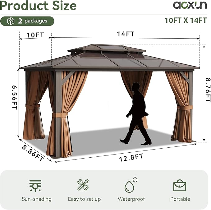 Aoxun 10'x14' Hardtop Gazebo, Aluminum Frame Permanent Pavilion with Curtains and Netting, Outdoor Polycarbonate Double Roof Canopy, for Patio, Garden, Lawn, Brown