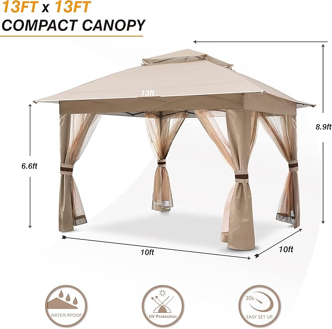 COOSHADE 13x13 Pop Up Gazebo Tent Outdoor Canopy Patio Shelter with Mosquito Netting(Khaki)