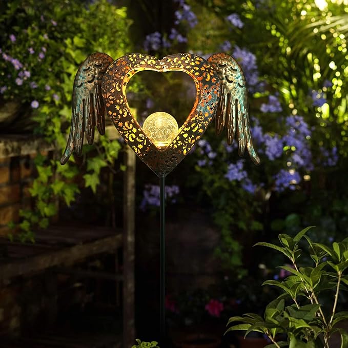 KAIXOXIN LEDs Solar Heart Stake Lights for Garden Metal Warm White, Memorial Gift - Perfect as Remembrance & Sympathy Gifts (Heart-Bronze)