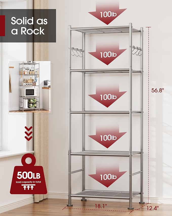 Storage Shelves - 5-Tier Large Capacity Shelf Organizer with Hooks, Heavy-Duty Garage Shelving with Leveling Feet, Wobble-Free Rack for Bedroom, Balcony, Garage, 18.1"×12.4"×56.8", Silver