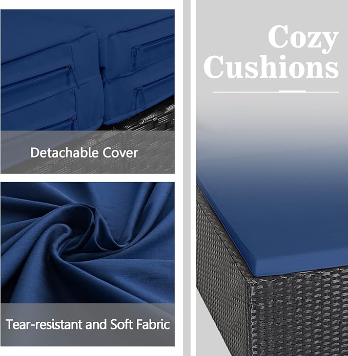 COSTWAY Outdoor Patio Rattan Daybed, Sponge Cushioned Loveseat Sofa with 4 Pillows, Wicker Furniture Sunbed for Balcony, Courtyard (Navy Blue)