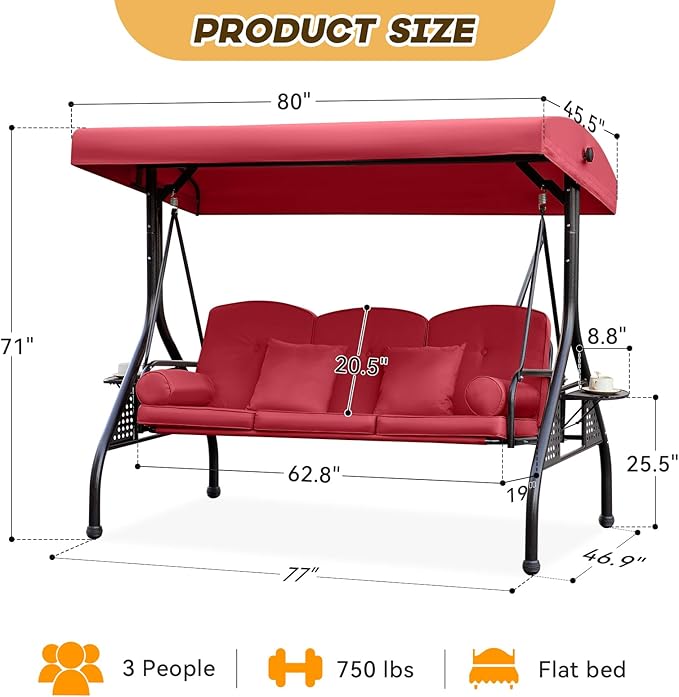 3 in 1 Outdoor Porch Swing with Adjustable Canopy, 3 Seat Outdoor Swing for Adults, Patio Swing Chair with Thickened Cushions,Pillows & Cup Holders for Backyard, Porch, Garden (Wine Red)