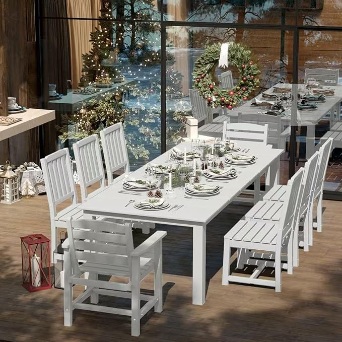 9-Piece Outdoor Dining Set for 8, 75.2'' HDPE Table with Umbrella Hole & Chairs, Weather-Resistant Patio Furniture for Lawn, Yard, Balcony, Deck (White)