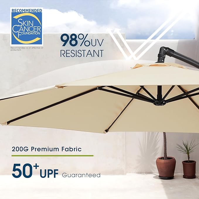 wikiwiki 10ft Patio Umbrella with Base Included, Outdoor Offset Cantilever Umbrella with Sandbag Base for Backyard, Garden and Pool, Easy to Tilt and Crank, Beige