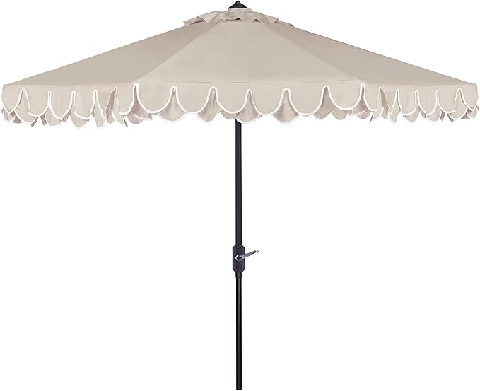 SAFAVIEH 9ft Outdoor Patio Umbrella, Round, Valance, Beige & White Trim, Auto Crank Tilt, UV Resistant for Deck, Backyard, Poolside (PAT8006C)