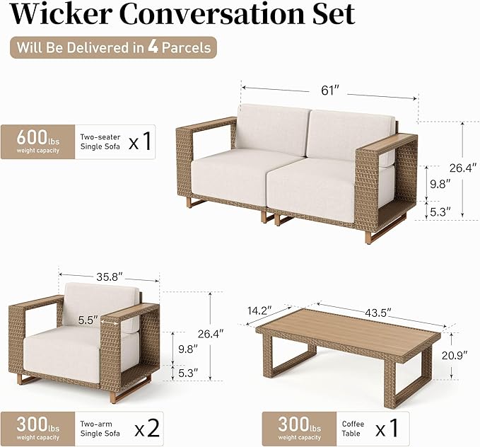 5 Pieces Patio Furniture Set,Outdoor Rattan Wicker Conversation Set with 10''Ultra-Thick Cushions,All Weather Patio Conversation Set for Lawn Garden Backyard,Beige