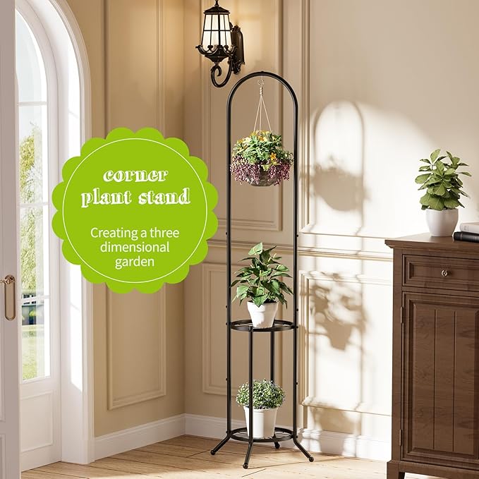 BMOSU Plant Stand with Hooks Indoor Outdoor Corner Tall Plant Stand Heavy-Duty Metal 3-Tier Plant Shelf Holder Rack for Patio Garden Balcony Living Room Bedroom(circular Black)