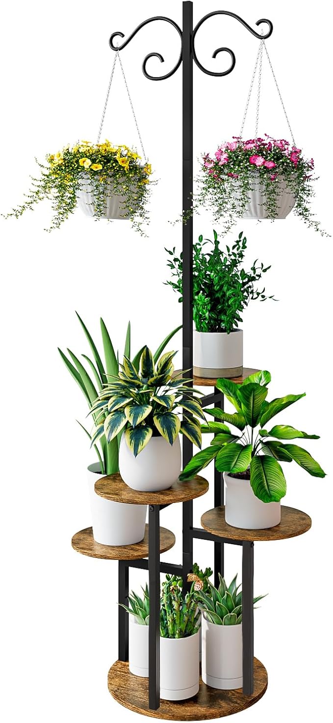 Plant Stand Indoor 5 Tier 8 Potted with hook hanging basket Multiple Flower Pot Holder for Patio Garden Balcony Living Room Corner (5 Tier with hook Black+Rustic Brown)