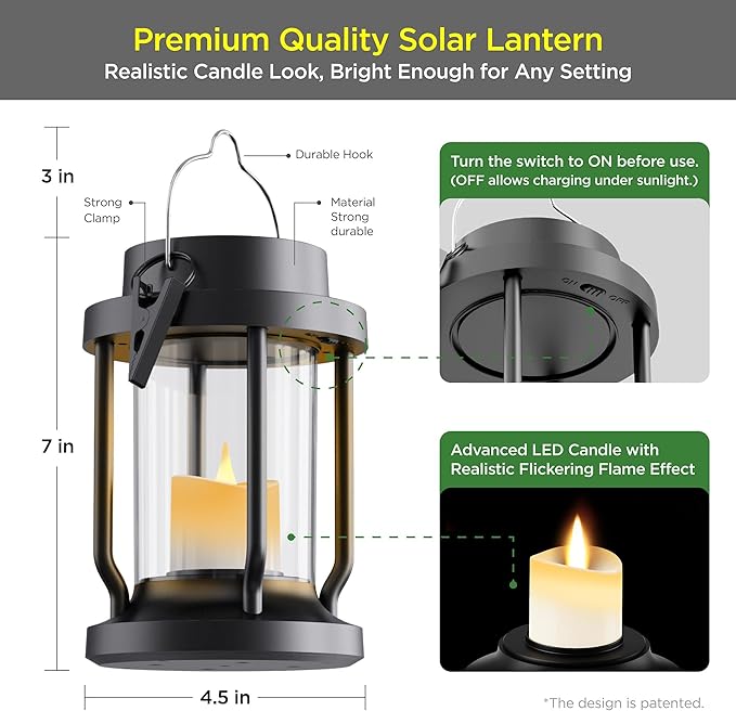 Solar Lantern Outdoor & Indoor Use – Hanging Solar Lights with Realistic Flickering Flameless Candle, Weatherproof for Gardens, Patios, Trees, and Lawns (Black, 1 Pack)