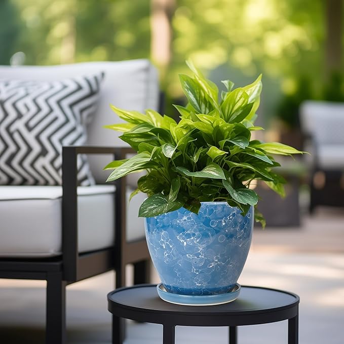 8 Inch Plant Pot - Ceraimc Planter for Indoor Outdoor Plants, Round Flower Pot with Drainage and Saucer, Decorative Planter, Porch Room Office House Decor, Gardening Gifts for Women, Blue
