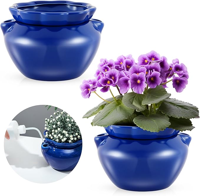 2 Sets African Violet Pots 7.5 Inch Self Watering Pot for Indoor Ceramic Self Watering Planter for Flower Lovers Ideal Plant Pot Thriving Flower Maintenance