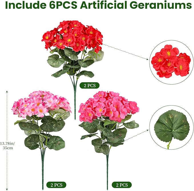 Artificial Geraniums Flowers for Outdoors, 6 Bundles Realistic Silk Fake Geranium, No Fade Faux Plants for Hanging Baskets, Window Boxes, Planters - Porch, Patio, Garden Decor(Mix Colors)