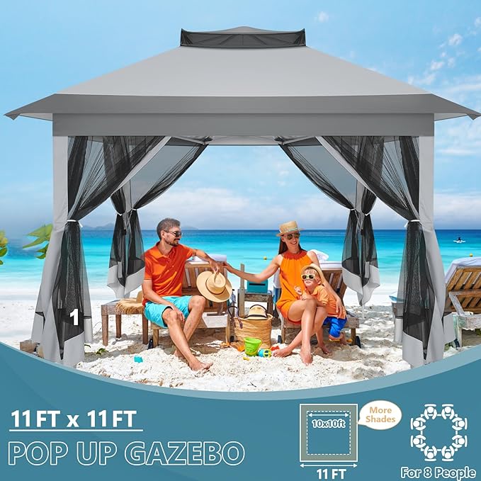 COBIZI 11x11 Pop Up Gazebo Canopy Tent Easy Up Outdoor Gazebo Waterproof Upgrade Portable Gazebo with Mosquito Nettings, Double Vented Roof and Carry Bag for Patio Garden Lawn(Gray)