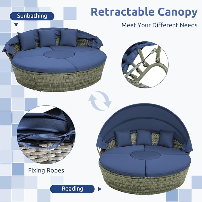 Tangkula Outdoor Round Daybed with Retractable Canopy, PE Wicker Sectional Seating Furniture with Cushions and Throw Pillows, Separates Cushioned Seats for Backyard, Poolside (Navy)
