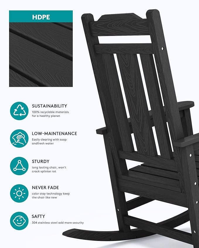 SERWALL Oversized Rocking Chair Set of 4 Outdoor, HDPE Outdoor Rocking Chair Set of 4, Black