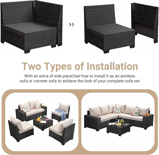 Jing's Villa 6-Piece Patio Furniture Set, All-Weather Outdoor Wicker Sectional Sofa with Cushions, Glass Table & Left and Right Armrest, Rattan Conversation Seating for Porch, Garden, Backyard,Beige