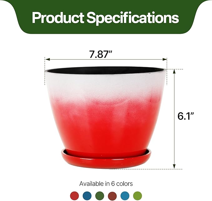 Worth Garden Plastic Round 8" Plant Pots - Set of 6 Multicolor Small Gloss Flower Pot Planters with Drainage Hole and Saucer - Home Decorative Christmas Containers