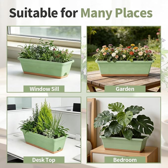 Window Box Planter, 6 Pack Plastic Vegetable Flower Window Planters Boxes 16 Inches Rectangular Flower Pots with Drainage Holes and Saucers (Green)