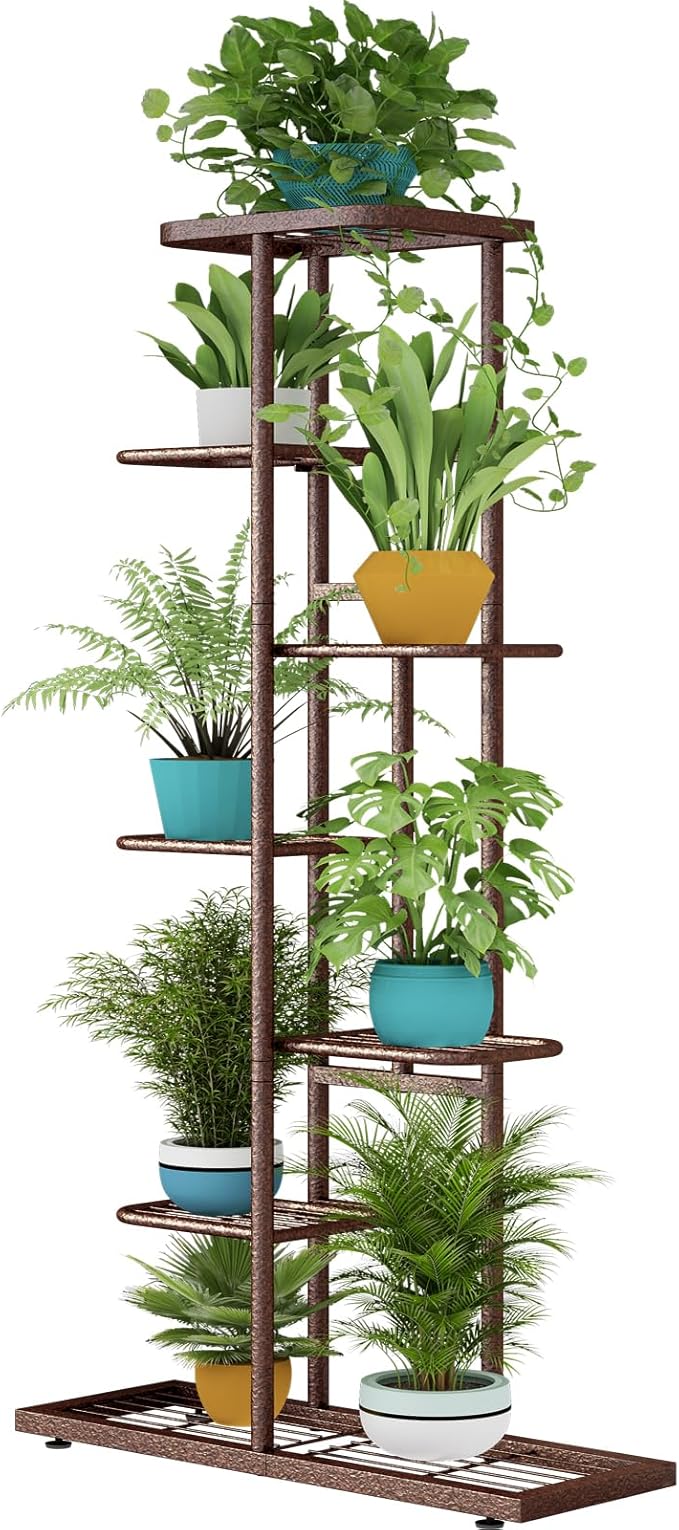 LINZINAR Plant Stand Metal 7 Tier 8 Potted Multiple Flower Pot Holder Shelf Indoor Outdoor Planter Display Shelving Unit for Patio Garden Corner Balcony Living Room, Bronze