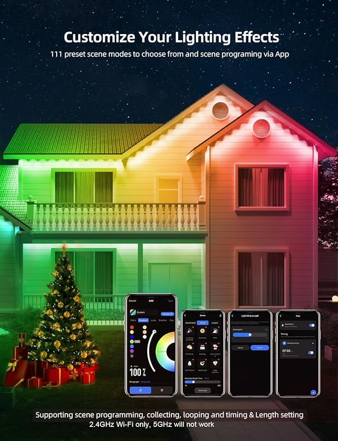 APPECK Permanent Outdoor Lights 100ft with 72 LEDs, 111 Scene Modes, Smart RGBW Lights with 40lm Warm White, App & Remote Control for Christmas, Halloween, Works with Alexa, Google Assistant, White