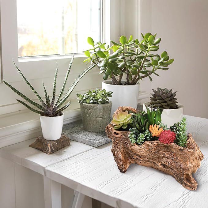 Tebery Artificial Driftwood Stump Log Planter Vintage Cactus Container with Drainage Hole, Creative Imitation Sculpture Resin Succulent Flower Pot for Herb, Strawberry, Small Plants