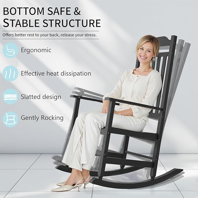 Patio Rocking Chair Outdoor Set of 4,Weather Resistant Poly Resin Oversized Porch Rocker,High Back Smooth Design,350lb Weight Capacity,Indoor Outdoor Use(4, Black)
