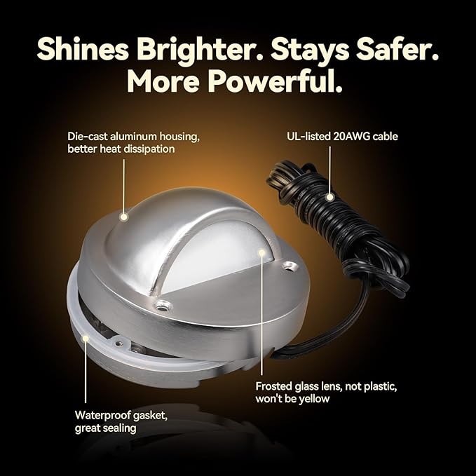 LEONLITE 12-Pack Update 5CCT LED Low Voltage Deck Lights, 180LM 3.5inch Landscape Step Railing Fence Light, 12-24V AC/DC, CRI90, Die-cast Aluminum Housing & Frosted Glass Lens, UL Cord, Satin Nickel
