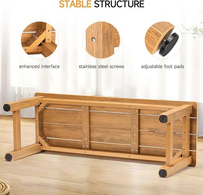 ONBRILL Outdoor Benches Weatherproof, 2-Person Poly Lumber Garden Bench, All-Weather Patio Bench Will not Rot and Fade for Garden, Porch, Backyard and Park, Easy Installation, Teak