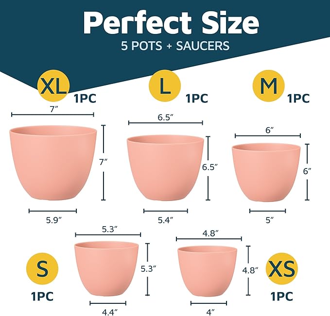 Planter Pots with Drainage Holes - Lightweight, Durable, and Space-Saving Pots for Indoor and Outdoor - Versatile Functionality, Simple Modern Design, Set of 5 Plastic Planter Pots - Pink