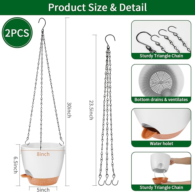 GARDIFE hanging planter, 8 inch hanging planters for indoor. outdoor plants , Self watering plant pot, 2 Pack Large self watering hanging planter (8-White, 8 inch)
