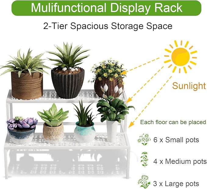 Metal Plant Stand Metal 2 Tier Potted Multiple Flower Pot Holder Plant Shelf Indoor Plants Multiple,Outdoor Heavy Duty Planter Display Shelving Unit for Patio Garden Corner Balcony Living Room(White)