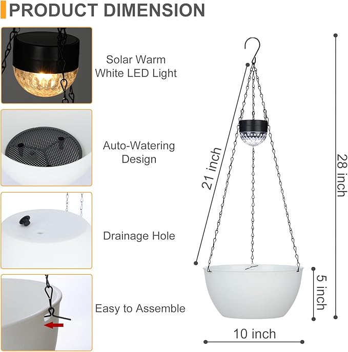 SUNNYPARK 2 Packs Hanging Planters Basket for Outdoor Plants, Solar Powered Self Watering White Round Plastic Flower Pots with Drainer for Balcony Patio Garden Outdoor Decoration