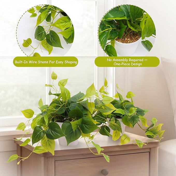 alyptus Fake Pothos Hanging Plants – Set of 2 Faux Ivy Vines Realistic Silk Devil’s Ivy for Indoor Décor, Low Maintenance Artificial Greenery for Home Bathroom or Office - Green with White Pots