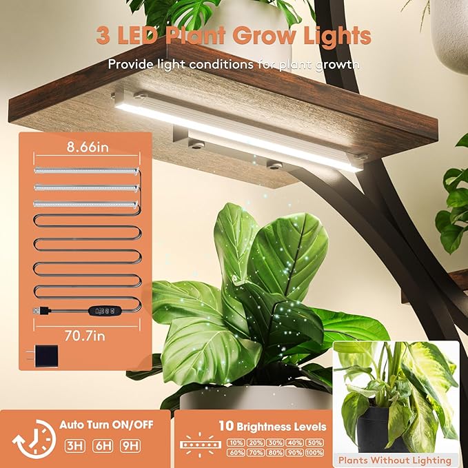 Plant Stand Indoor with Grow Light, 8 Tiered 66" Tall Plant Shelf, Corner Large Plant Stand for Indoor Plants Multiple, Metal S-Shaped Plant Flower Holder, for Living Room, Patio, Balcony