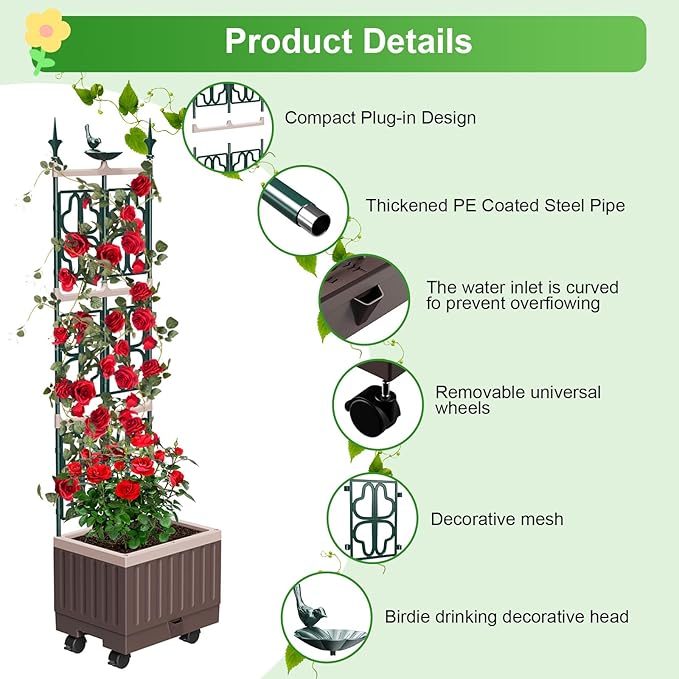 Raised Garden Bed Planter Boxes with Trellis,61.4" Self-Watering Trellis with Planter Box for Climbing Plants Flowers Vegetables with Wheels,Use for Indoor Outdoor
