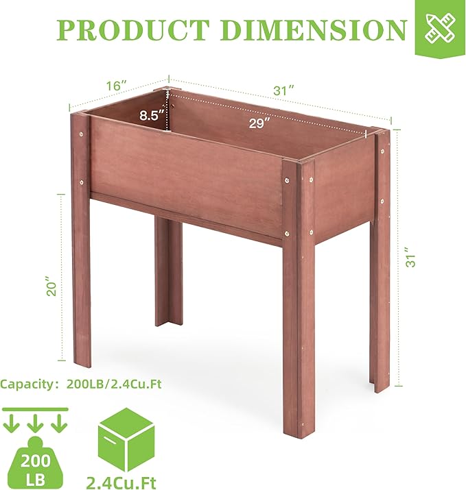 Raised Garden Bed with Legs, 31x16x31'', Outdoor Wood Elevated Planter Box, Thick Legs, w/Liner