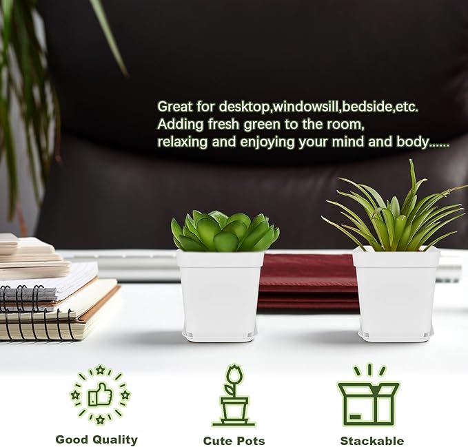 Anyumocz 24Pcs 3" Square Plastic Plant Pots,White Nursery Pots with Saucers,Seedling Nursery Transplanting Planter Container for Plants,Garden,Flower,Home,Office,Balcony Decor,Indoor,Outdoor