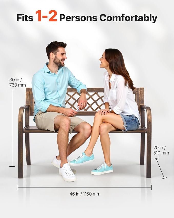 VEVOR Outdoor Bench, 46 inch, Carbon Steel Metal Frame with PVC Mesh Pattern Backrest and Round Edge Armrests, Weatherproof Outside Bench for Patio, Garden, Park, Yard, Front Porch, Antique Bronze