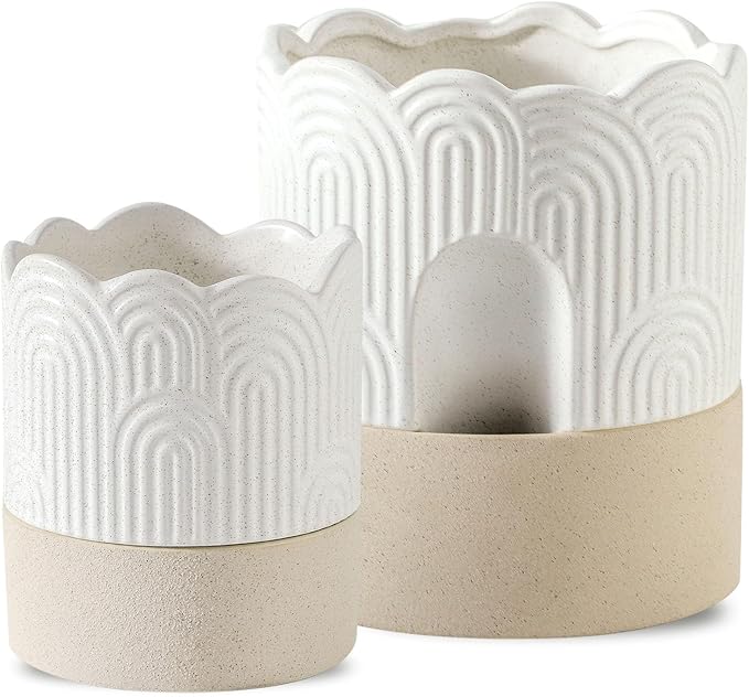 Nihow Self Watering Plant Pot for Indoor Plants: 4.5+6 Inch Ceramic Planter with Drainage Hole & Water Storage Plus - Cylinder Flower Pot with Wick for Herbs -Beige & Nature