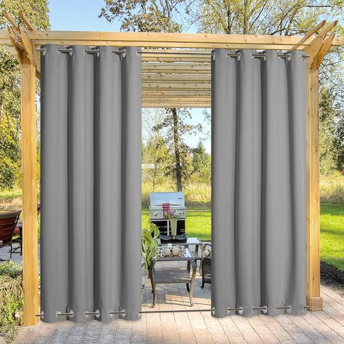 NICETOWN Outdoor Curtain Waterproof for Patio Extra Long, Windproof Thermal Insulated Top and Bottom Stainless Steel Grommets Blackout Outdoor Drape for Porch, Silver Grey, 1 Piece, W52 x L108